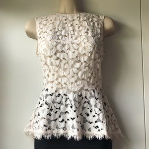 Pretty White BCBG MaxAzria Evia Sleeveless Lace Peplum Top.